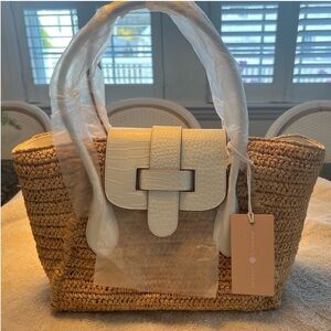 Pamela Munson Teddy Tote Purse in Raffia and White Leather - New with Tags